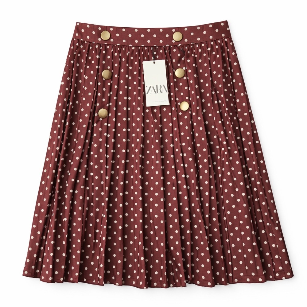 Zara Polka Dot Skirt Wine Red Gold Button Detail Size L NWT Feminine Classic